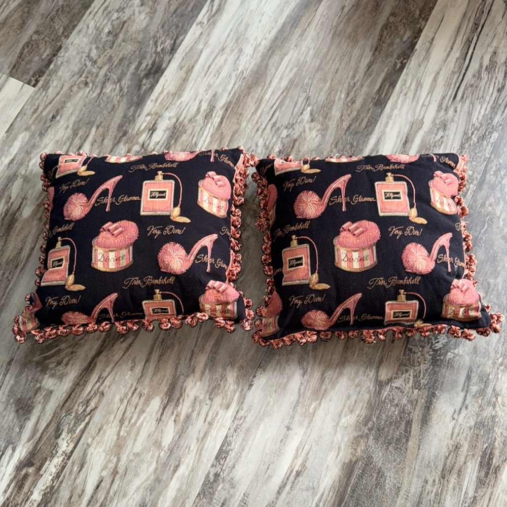 Borgata Brocade Diva Throw pillows set of 2 perfume heels design black pink 15”